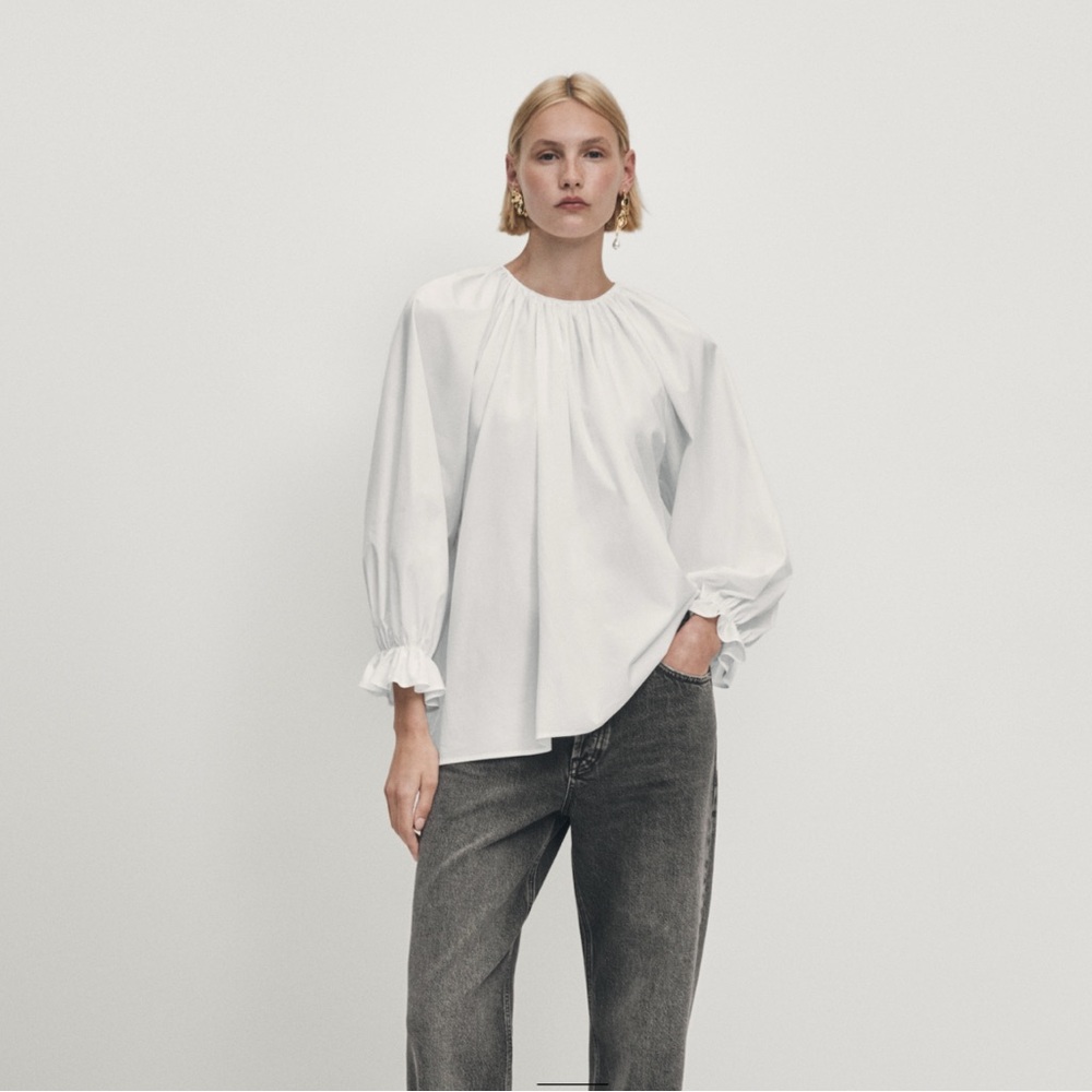 Massimo Dutti Studio White Cotton Blouse with Gathered details size L .